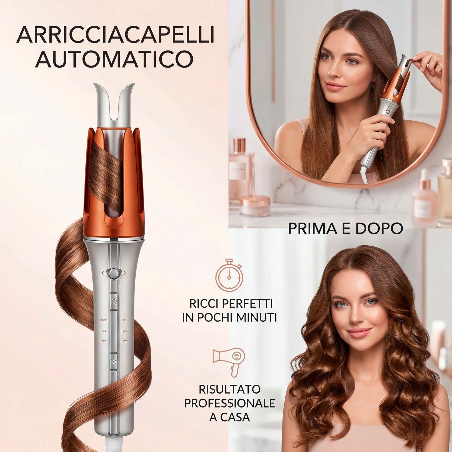 Arricciacapelli Automatico Professionale con Rotazione Intelligente – Ricci Perfetti in Pochi Secondi, 3 Temperature, Tecnologia in Ceramica, Anti-Scottatura