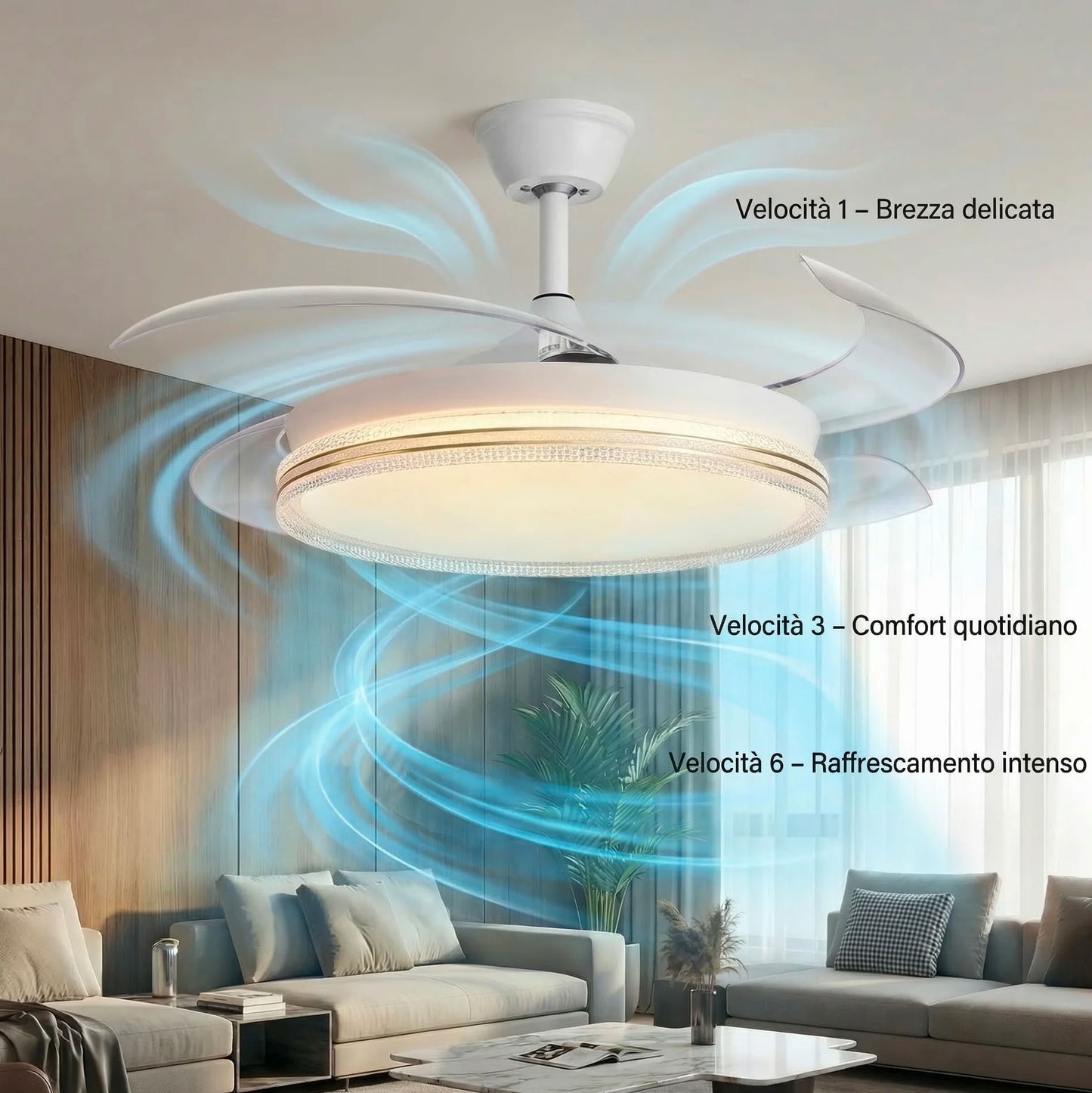 Ventilatore da Soffitto con Luce LED e Telecomando 48 Pollici 120 cm con Pale Retrattili Trasparenti Motore DC Silenzioso Reversibile 6 Velocità 3 Tonalità di Luce Timer Estate Inverno Set 2 Pezzi