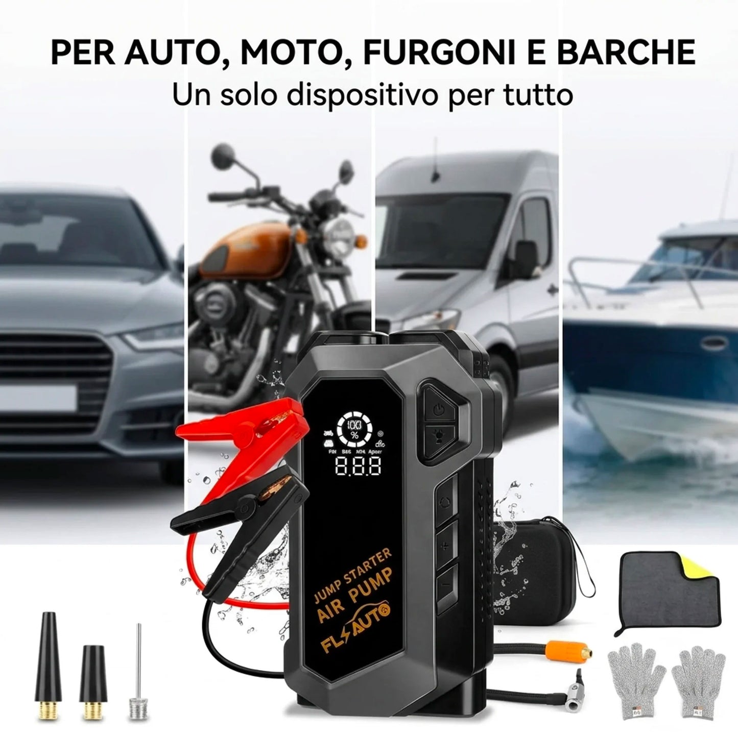 Avviatore di Emergenza Auto 4000A con Compressore 150 PSI e Power Bank 20000mAh, Booster Batteria Auto Portatile con Display LCD e Torcia LED, Jump Starter Auto Moto Diesel Benzina