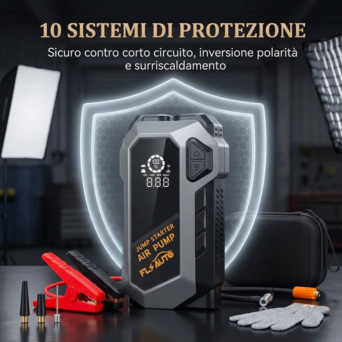 Avviatore di Emergenza Auto 4000A con Compressore 150 PSI e Power Bank 20000mAh, Booster Batteria Auto Portatile con Display LCD e Torcia LED, Jump Starter Auto Moto Diesel Benzina