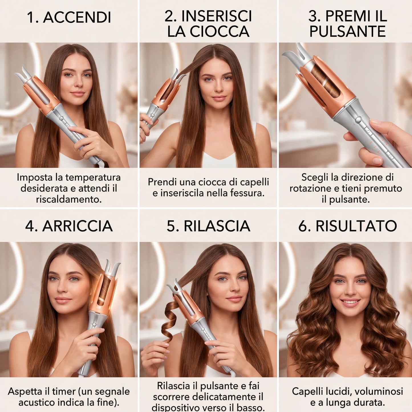 Arricciacapelli Automatico Professionale con Rotazione Intelligente – Ricci Perfetti in Pochi Secondi, 3 Temperature, Tecnologia in Ceramica, Anti-Scottatura