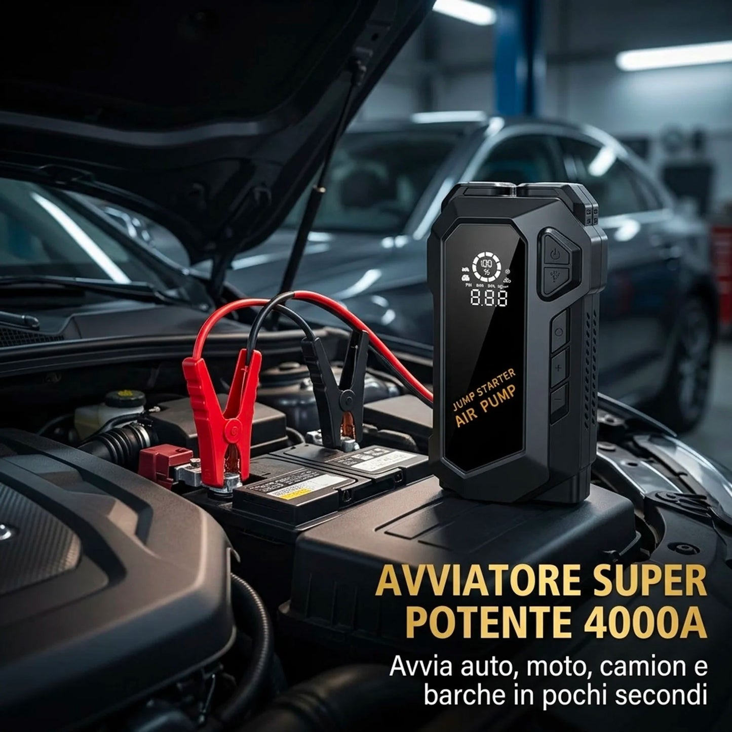 Avviatore di Emergenza Auto 4000A con Compressore 150 PSI e Power Bank 20000mAh, Booster Batteria Auto Portatile con Display LCD e Torcia LED, Jump Starter Auto Moto Diesel Benzina