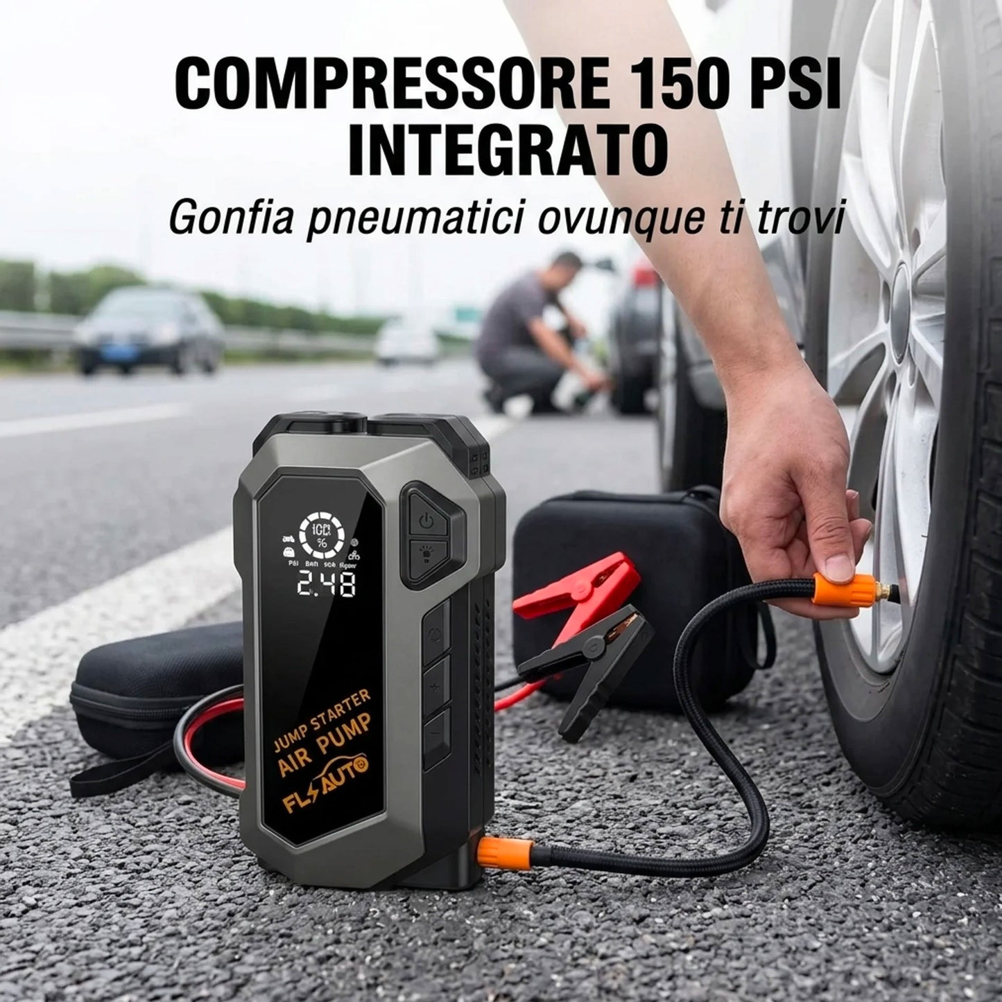 Avviatore di Emergenza Auto 4000A con Compressore 150 PSI e Power Bank 20000mAh, Booster Batteria Auto Portatile con Display LCD e Torcia LED, Jump Starter Auto Moto Diesel Benzina