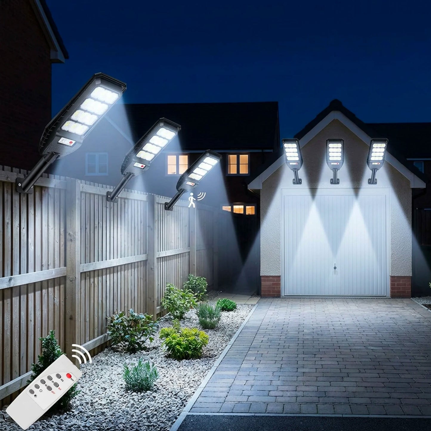 6 Lampioni Solari LED 200W con Palo e Telecomando – Sensore di Movimento e Crepuscolare, 144 LED 6500K Luce Bianca Fredda