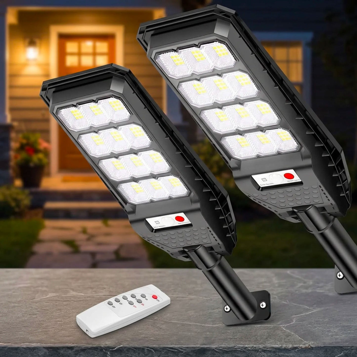 Kit 2 Lampade Solari LED 144 LED con Sensore di Movimento PIR e Telecomando | Luce Esterno 1200 Lumen IP65
