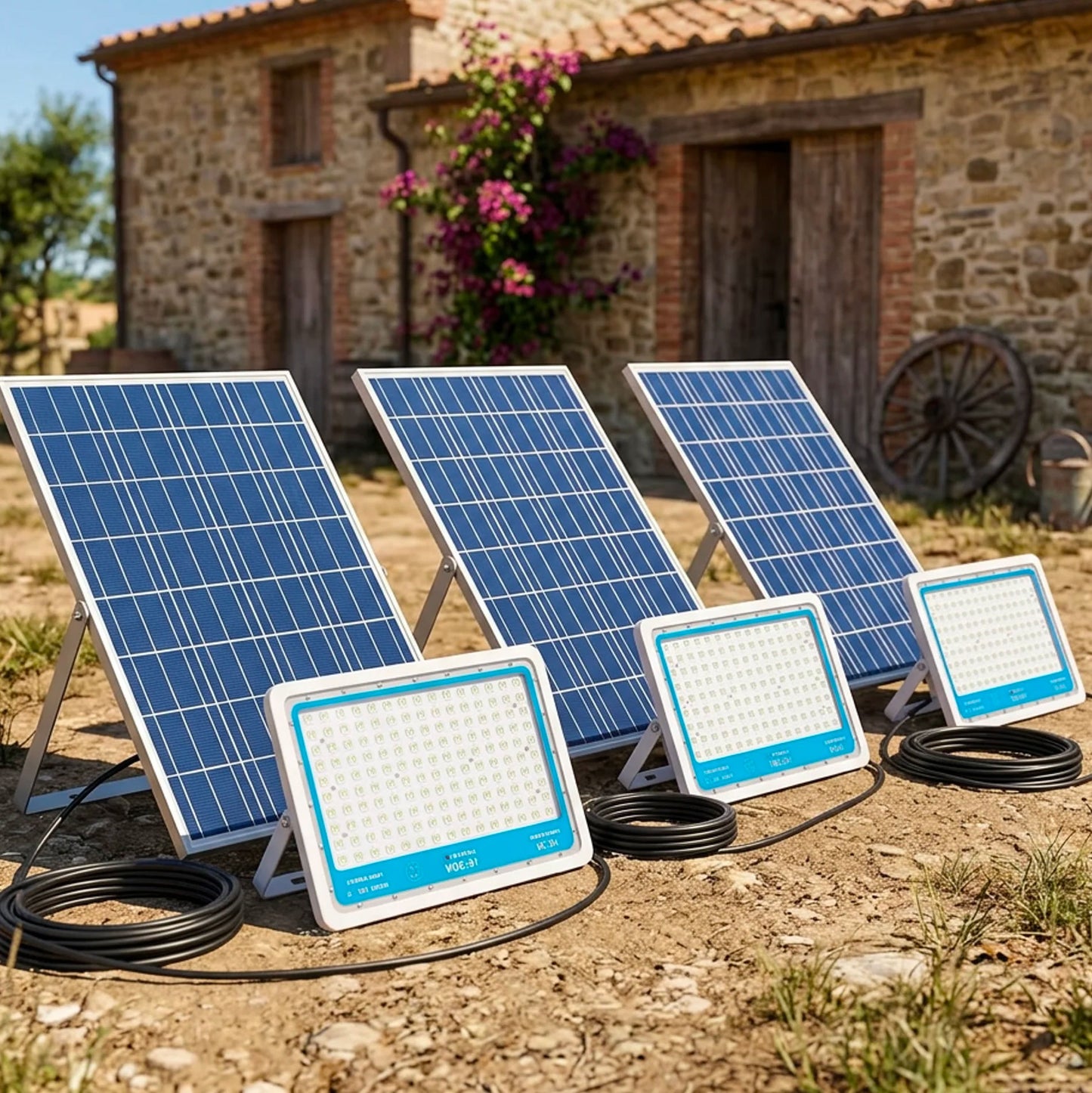 Kit 3 Faretti LED Solari 1000W 6000K IP66 con Telecomando – Proiettori Esterni a Energia Solare Impermeabili Luce Bianca Fredda per Giardino, Cortile e Magazzino