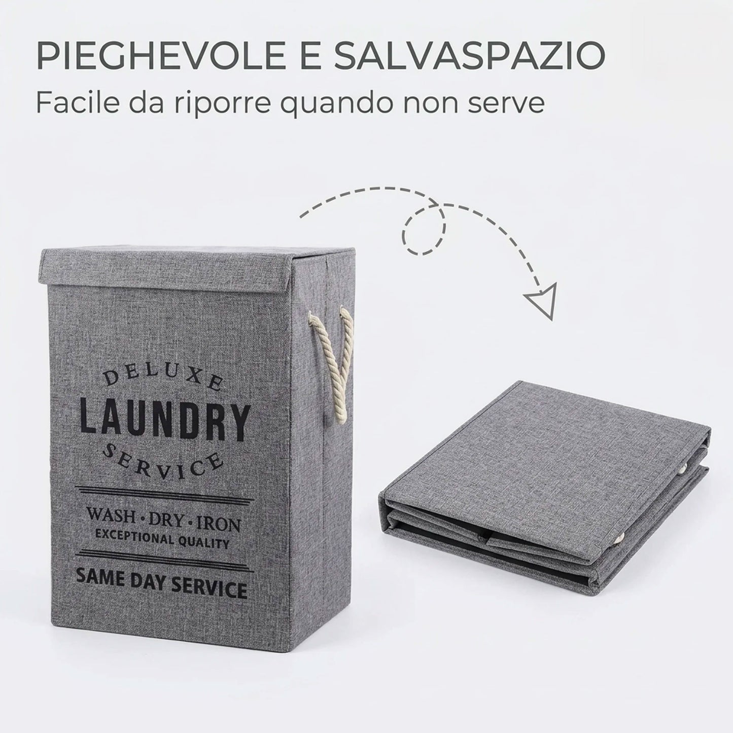Cesto Porta Biancheria Pieghevole in Tessuto Grigio con Coperchio e Manici – Porta Bucato Salvaspazio per Lavanderia, Bagno e Camera