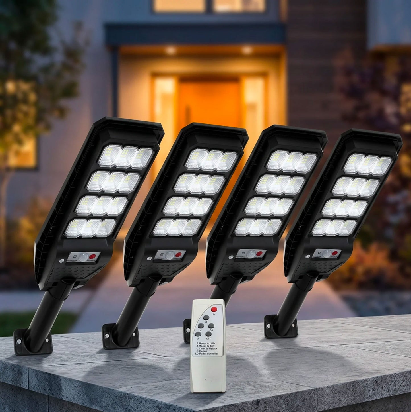 Kit 4 Lampioni Solari LED 144 LED con Sensore di Movimento e Telecomando | Luce Esterno 6500K IP65