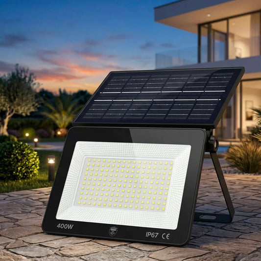 Faro LED Solare 400W IP67 15.000 Lumen – Faretto Esterno con Pannello Solare Integrato, 9 Ore Autonomia, Doppia Modalità Manuale