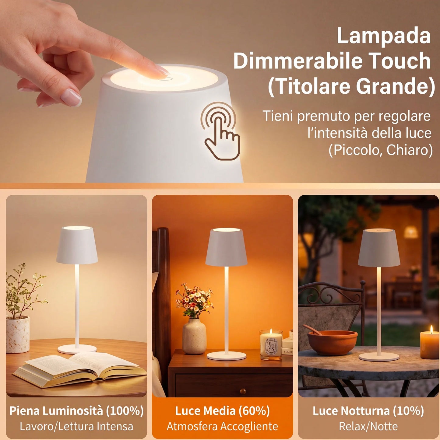 Kit 4 Lampade da Tavolo Senza Fili Ricaricabili LED Dimmerabili, 3 Tonalità di Luce 3000K-6500K, Touch Control, Impermeabili IP54, Lampade da Tavolo Senza Fili per Interno ed Esterno, Design Moderno