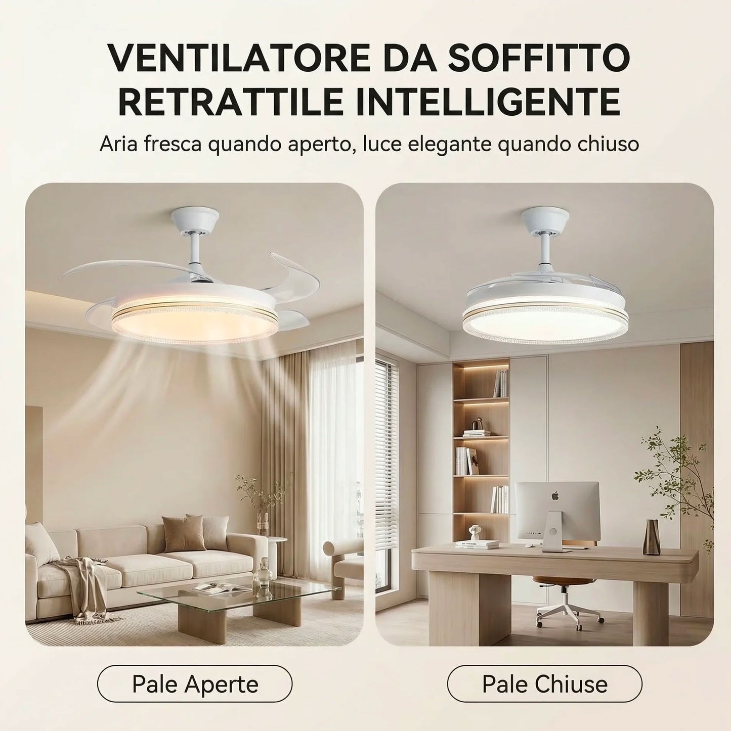 Ventilatore da Soffitto con Luce LED e Telecomando 48 Pollici 120 cm con Pale Retrattili Trasparenti Motore DC Silenzioso Reversibile 6 Velocità 3 Tonalità di Luce Timer Estate Inverno Set 2 Pezzi