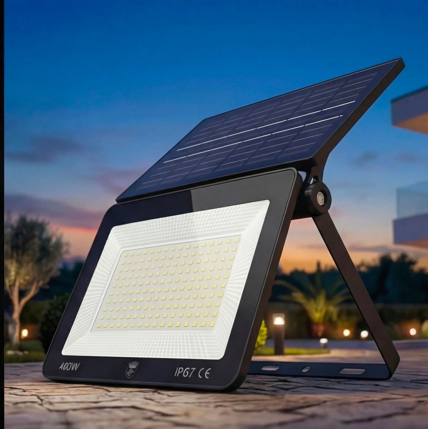 Faro LED Solare 400W IP67 15.000 Lumen – Faretto Esterno con Pannello Solare Integrato, 9 Ore Autonomia, Doppia Modalità Manuale