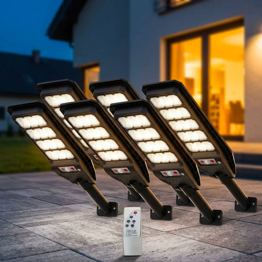 6 Lampioni Solari LED 200W con Palo e Telecomando – Sensore di Movimento e Crepuscolare, 144 LED 6500K Luce Bianca Fredda