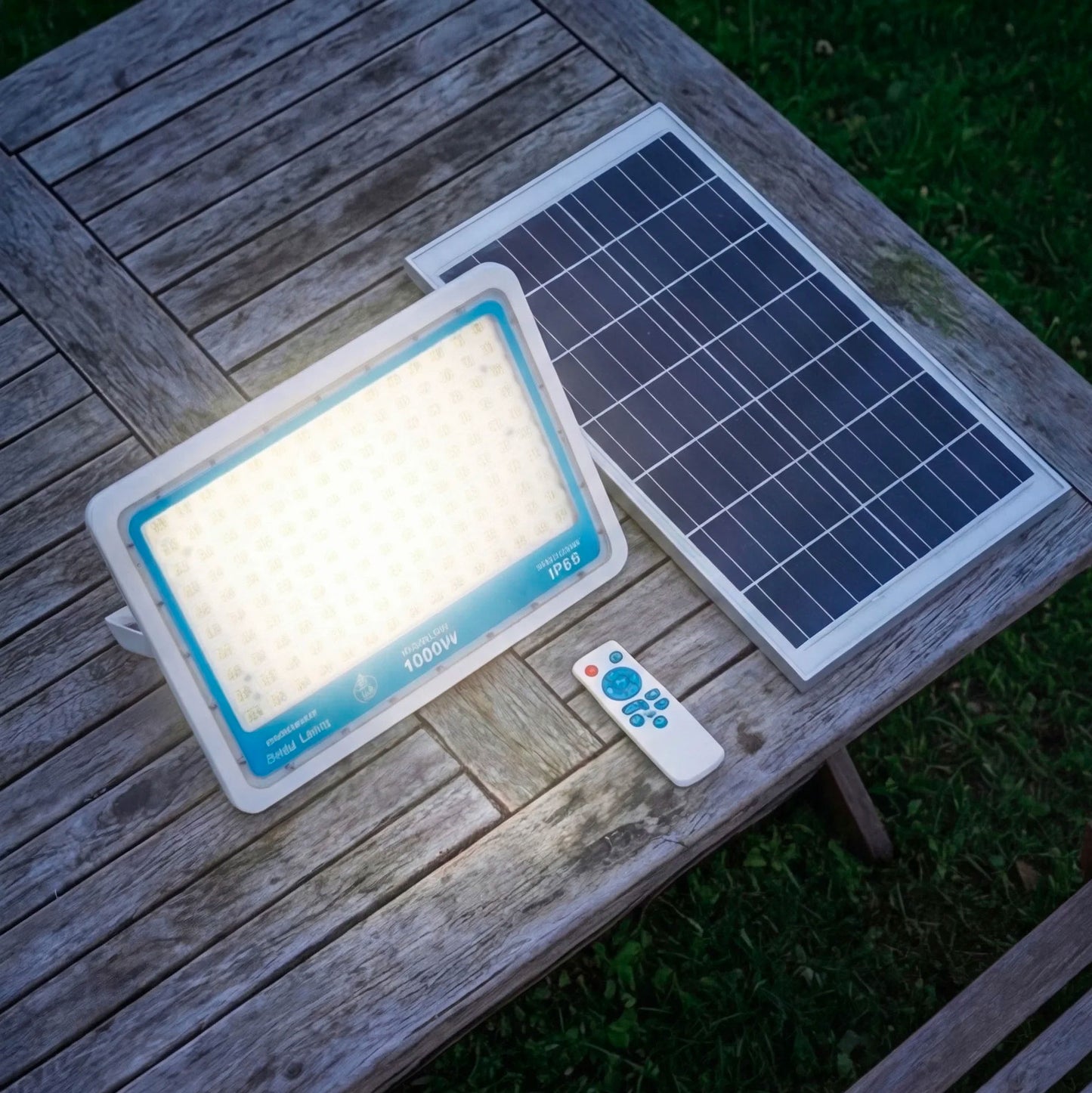 Kit 3 Faretti LED Solari 1000W 6000K IP66 con Telecomando – Proiettori Esterni a Energia Solare Impermeabili Luce Bianca Fredda per Giardino, Cortile e Magazzino