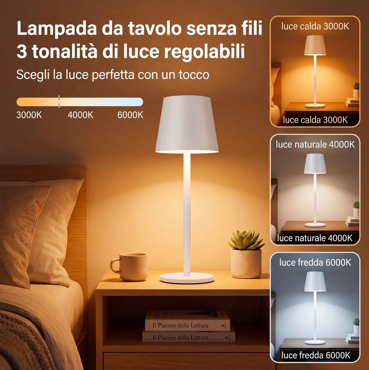Kit 4 Lampade da Tavolo Senza Fili Ricaricabili LED Dimmerabili, 3 Tonalità di Luce 3000K-6500K, Touch Control, Impermeabili IP54, Lampade da Tavolo Senza Fili per Interno ed Esterno, Design Moderno