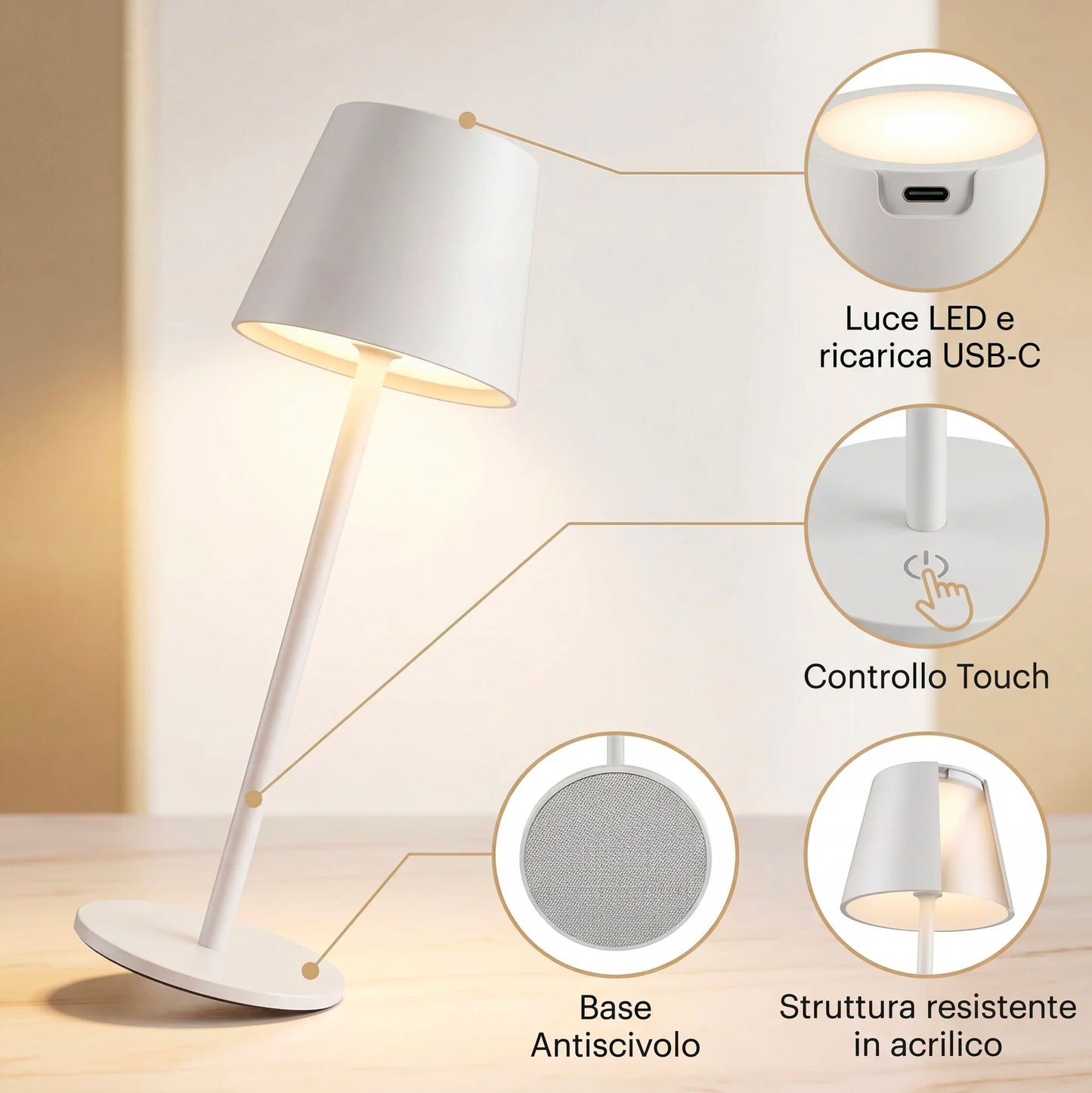 Kit 4 Lampade da Tavolo Senza Fili Ricaricabili LED Dimmerabili, 3 Tonalità di Luce 3000K-6500K, Touch Control, Impermeabili IP54, Lampade da Tavolo Senza Fili per Interno ed Esterno, Design Moderno