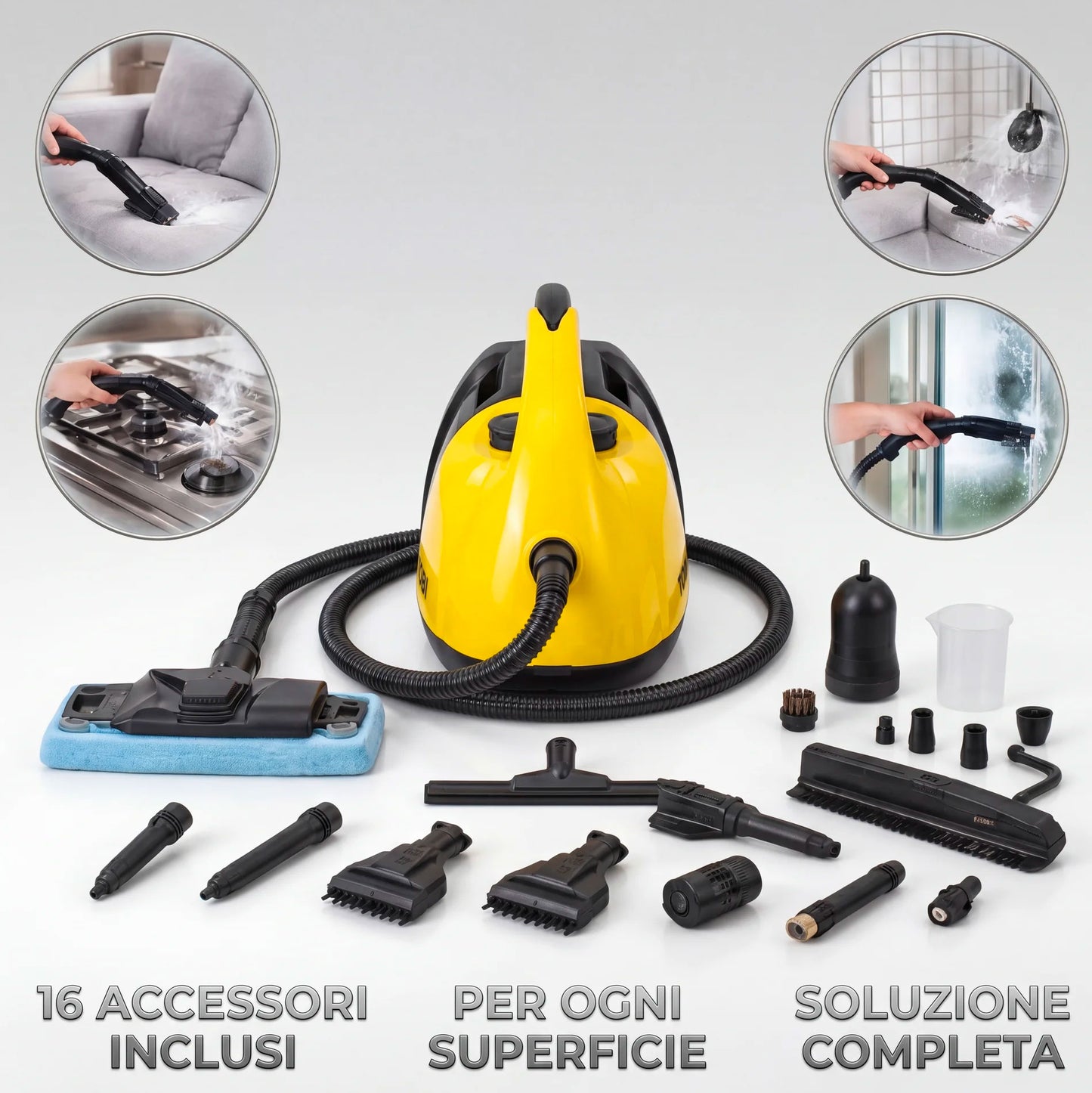 Pulitore a Vapore 1800W 16 Accessori Multifunzione per Casa – Pulizia Profonda Senza Prodotti Chimici per Divani, Materassi, Vetri, Bagno e Cucina