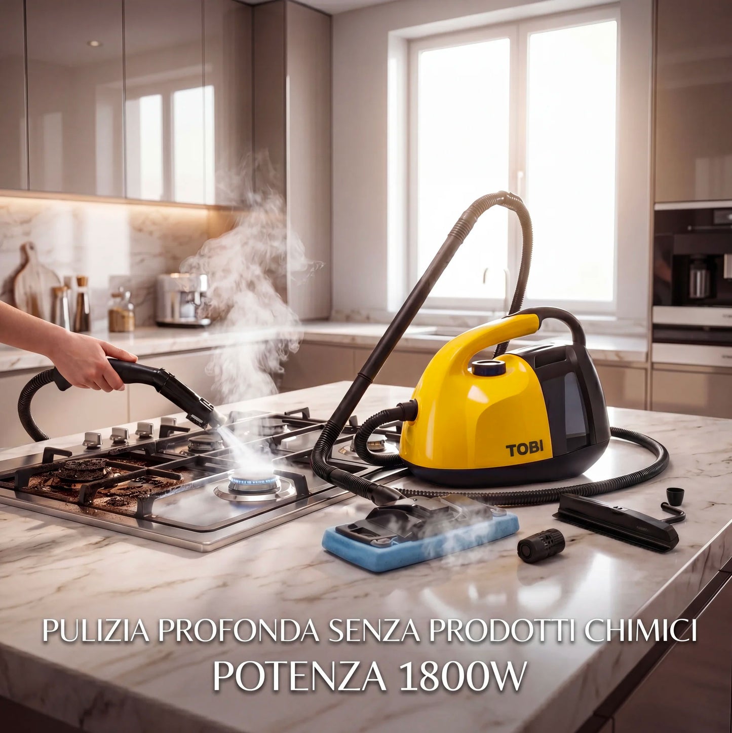 Pulitore a Vapore 1800W 16 Accessori Multifunzione per Casa – Pulizia Profonda Senza Prodotti Chimici per Divani, Materassi, Vetri, Bagno e Cucina