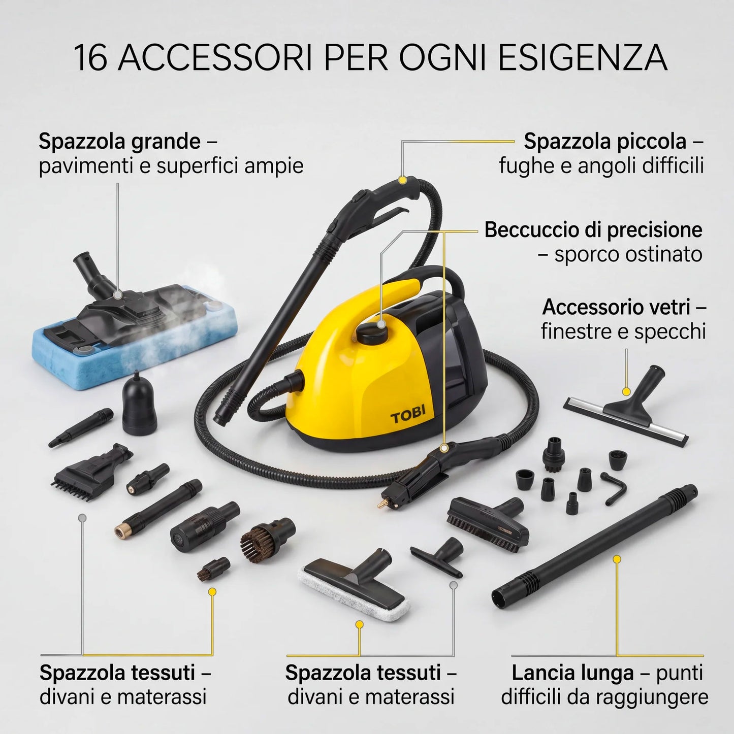 Pulitore a Vapore 1800W 16 Accessori Multifunzione per Casa – Pulizia Profonda Senza Prodotti Chimici per Divani, Materassi, Vetri, Bagno e Cucina