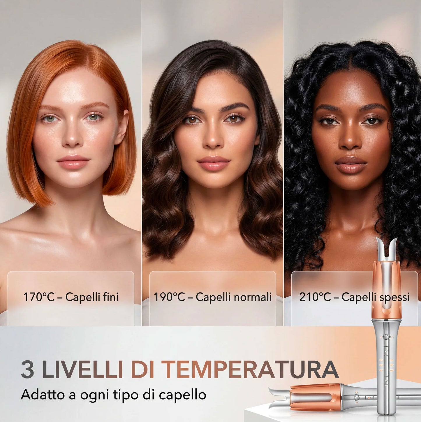 Arricciacapelli Automatico Professionale con Rotazione Intelligente – Ricci Perfetti in Pochi Secondi, 3 Temperature, Tecnologia in Ceramica, Anti-Scottatura