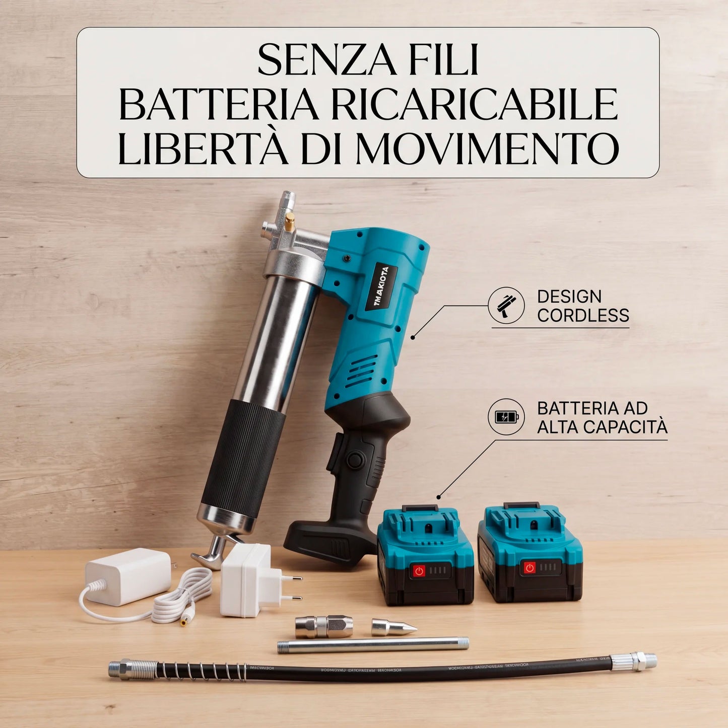 Ingrassatore Elettrico a Batteria Ricaricabile Senza Fili ad Alta Pressione 7000 PSI con 2 Batterie e Accessori