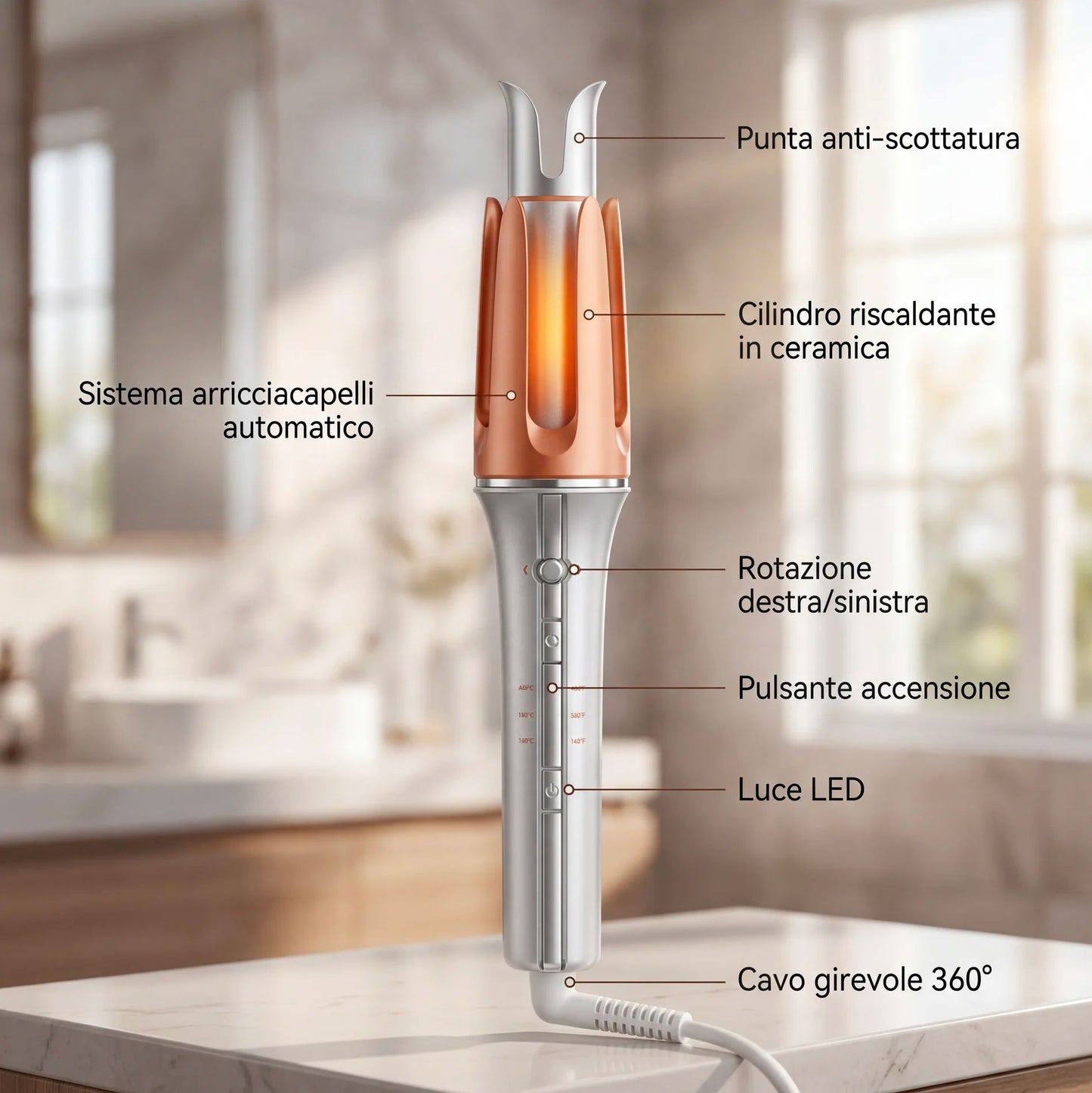 Arricciacapelli Automatico Professionale con Rotazione Intelligente – Ricci Perfetti in Pochi Secondi, 3 Temperature, Tecnologia in Ceramica, Anti-Scottatura