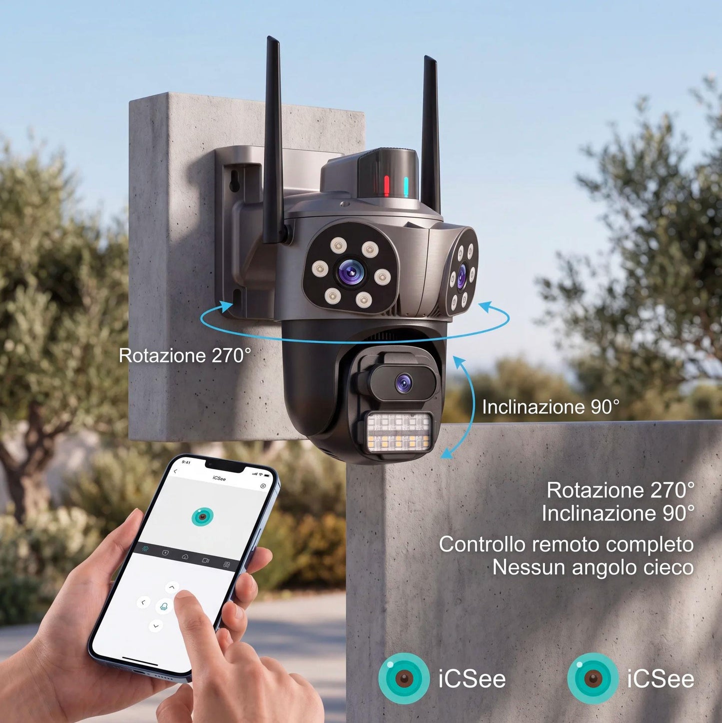 Telecamera WiFi Esterno con App iCSee, 360° Pan Tilt, Visione Notturna, Allarme Sirena e Controllo da Smartphone
