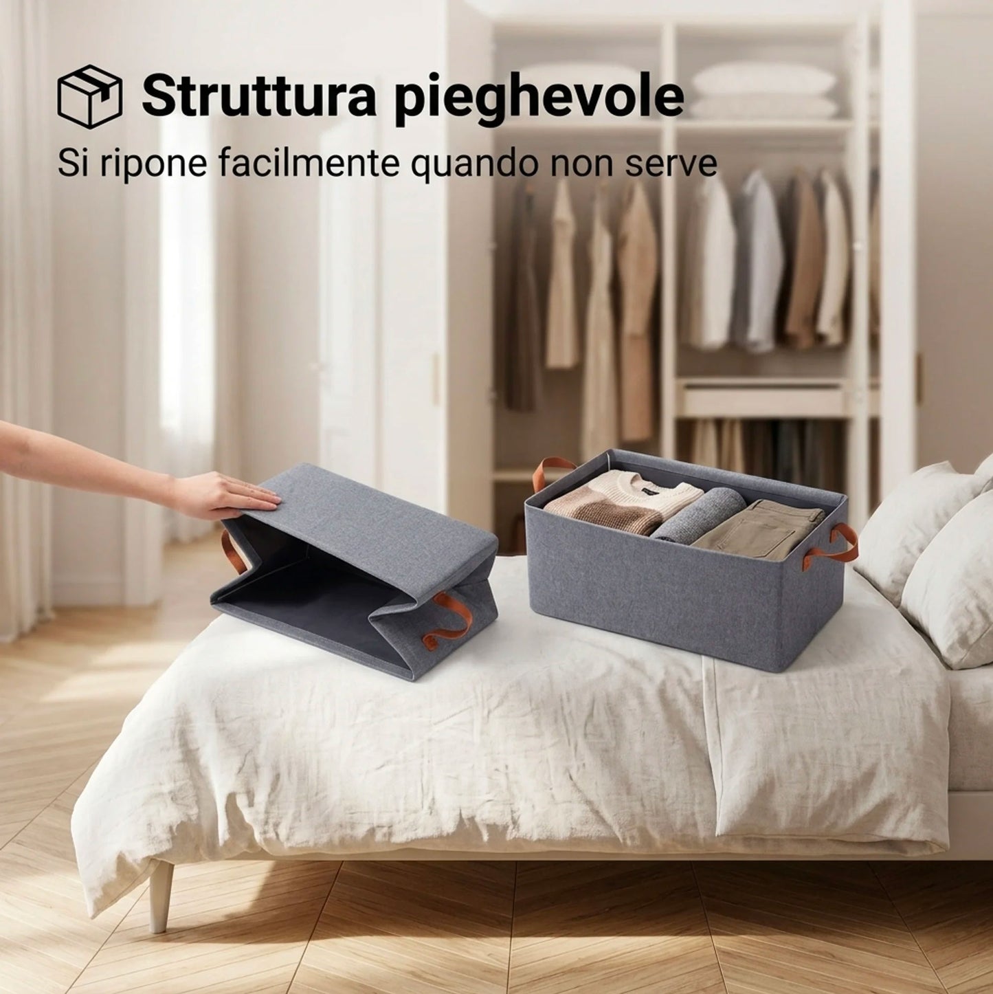 Kit 2 Organizer Armadio Pieghevoli in Tessuto con Manici Effetto Pelle Contenitori Salvaspazio Vestiti 47x28x20 cm Box Guardaroba Camera Cabina Armadio