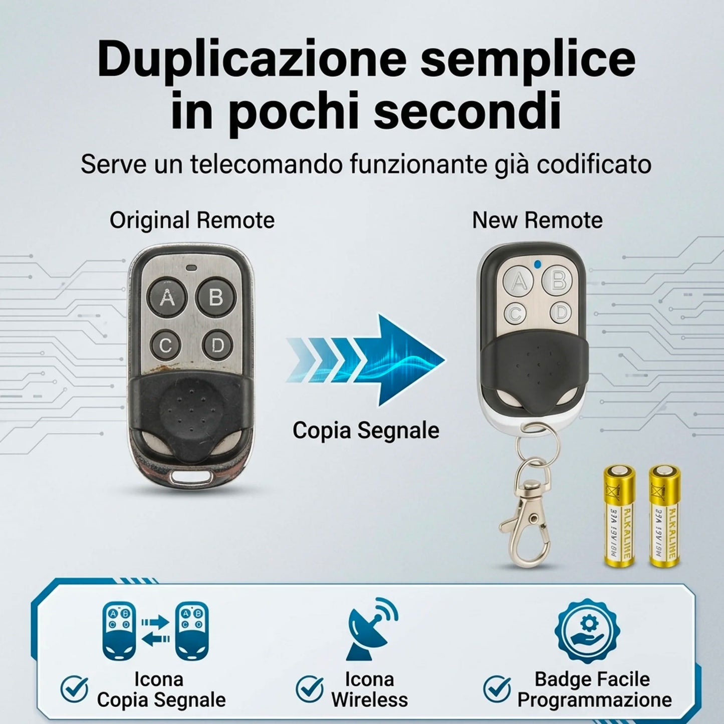 Telecomando Cancello Universale 433,92 MHz Codice Fisso Set 3 Copiatore Automatico Garage Porta Elettrica Apricancello con Copritasti e Moschettone