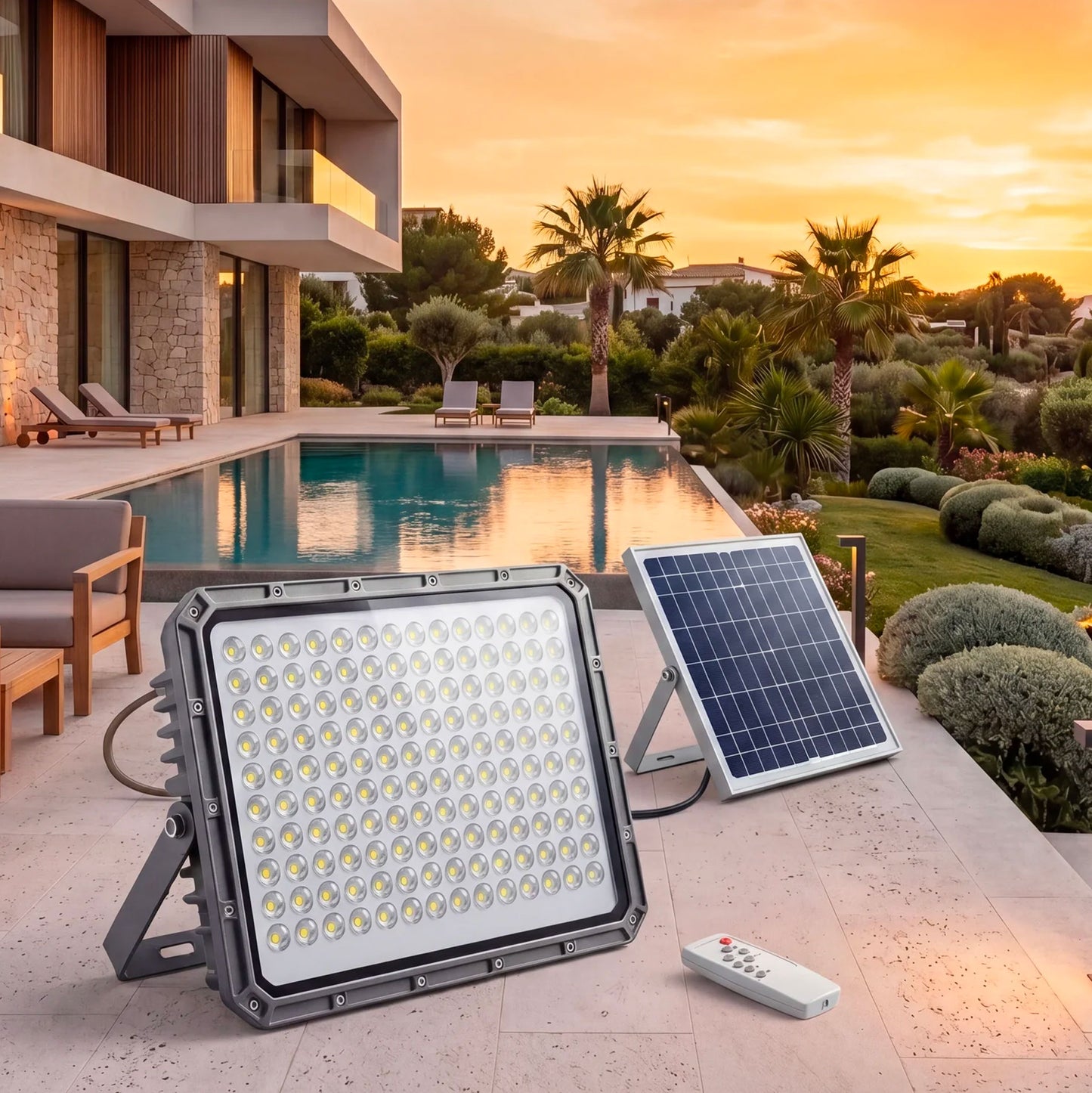 Faro Solare LED Esterno 5000W con Pannello Solare, 320 LED Ultra Luminosi, Luce Bianca Fredda 6500K, Telecomando Incluso, IP66 Impermeabile, Autonomia fino a 12 Ore