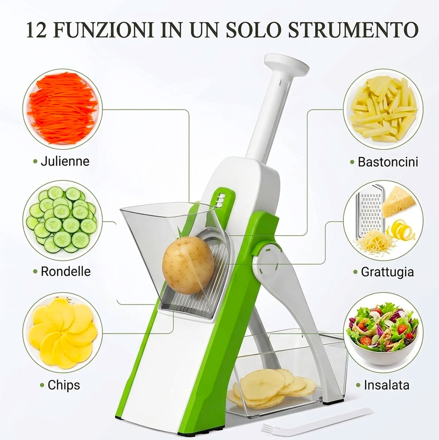 Mandolina da Cucina Multifunzione 12 in 1 con Contenitore – Affettatrice Manuale Verdure Frutta Professionale con Lame in Acciaio Regolabili per Julienne, Chips, Insalate e Patatine