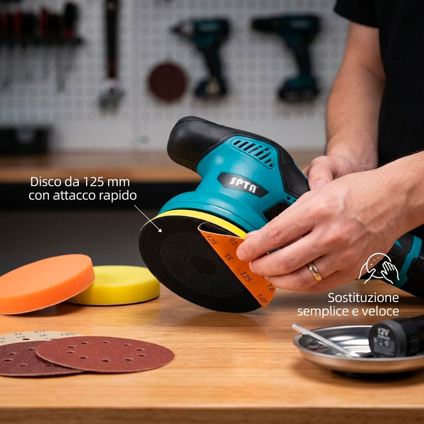 Lucidatrice Auto Senza Filo con 2 Batterie 8 Velocità | Levigatrice Rotorbitale 125mm Professionale per Carrozzeria Legno Metallo