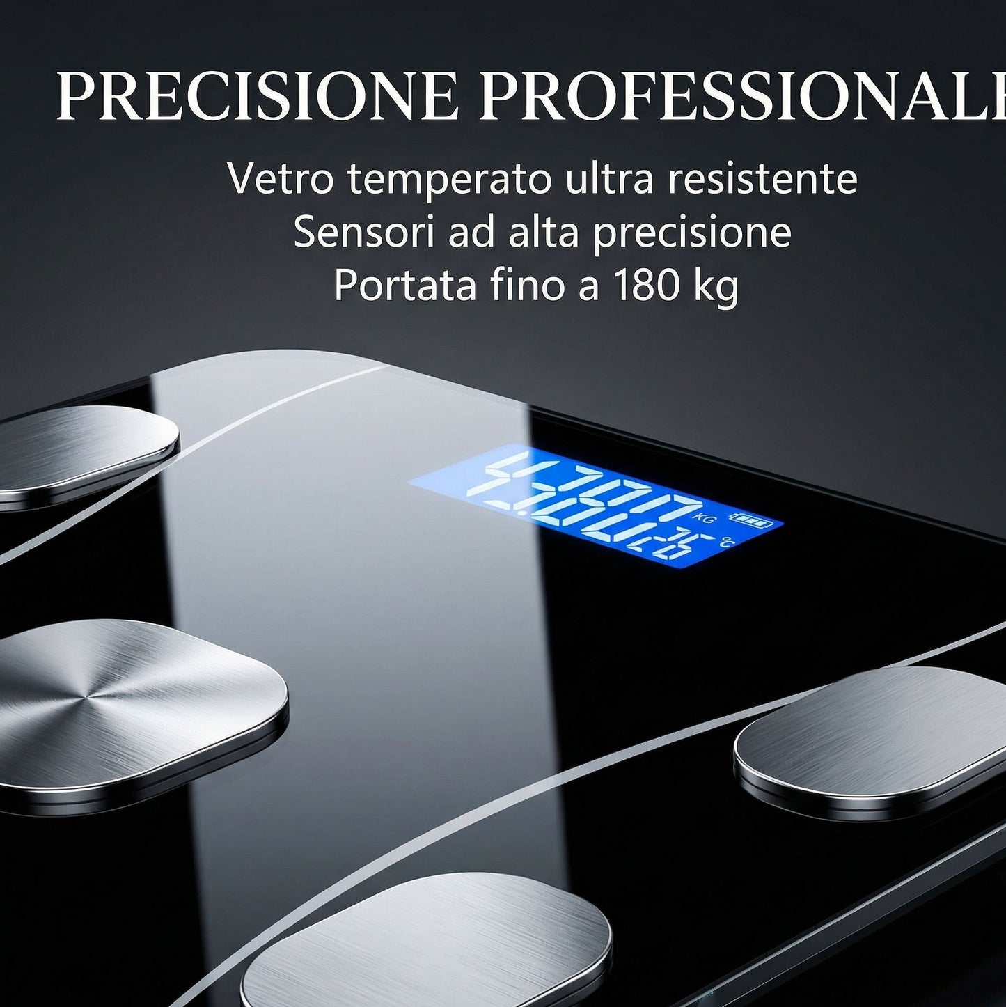Bilancia Pesapersone Smart Bluetooth Digitale 180kg Analisi Corporea 12 Parametri BMI Grasso Muscoli App iOS Android Vetro Temperato