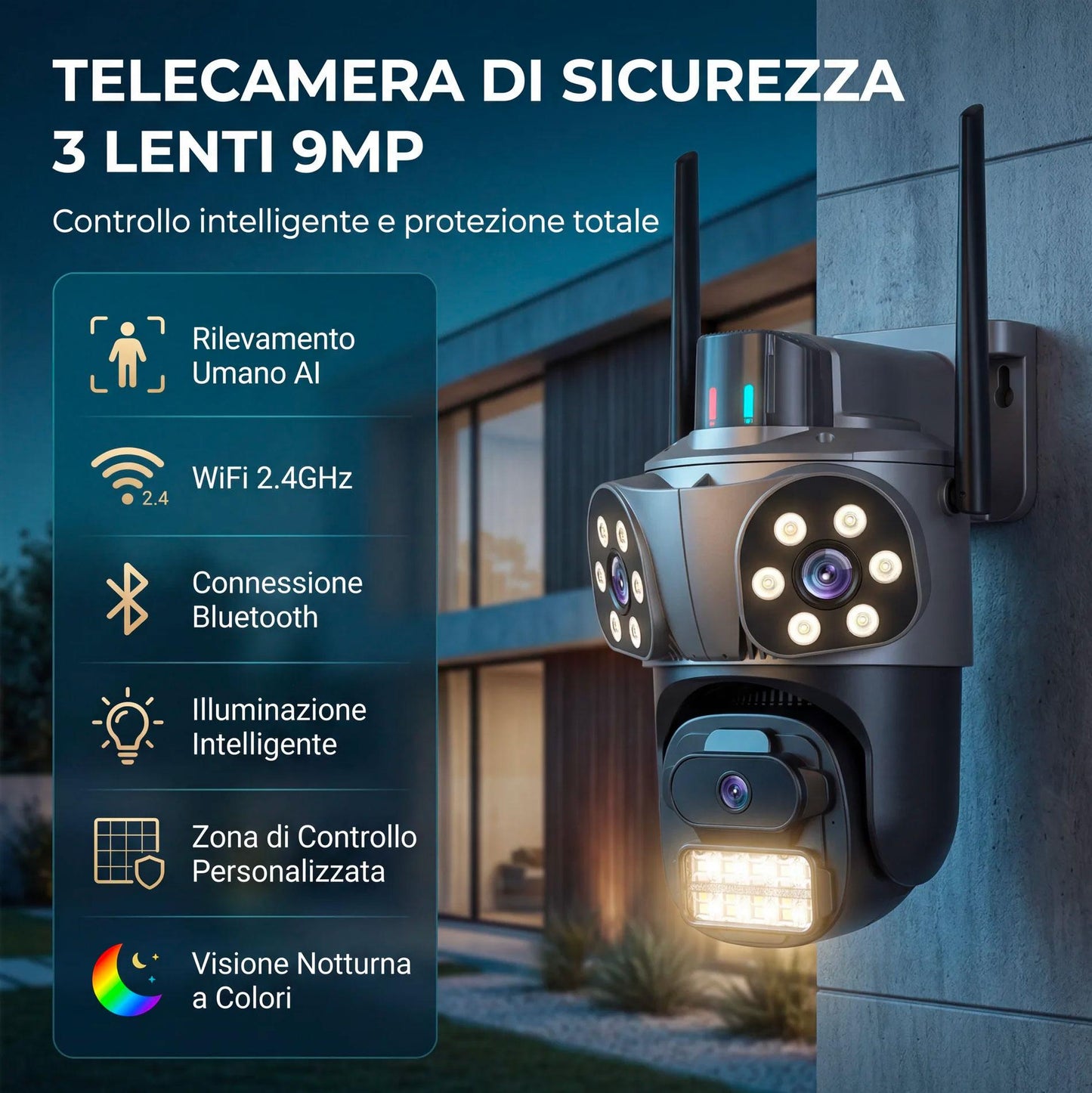 Telecamera WiFi Esterno con App iCSee, 360° Pan Tilt, Visione Notturna, Allarme Sirena e Controllo da Smartphone