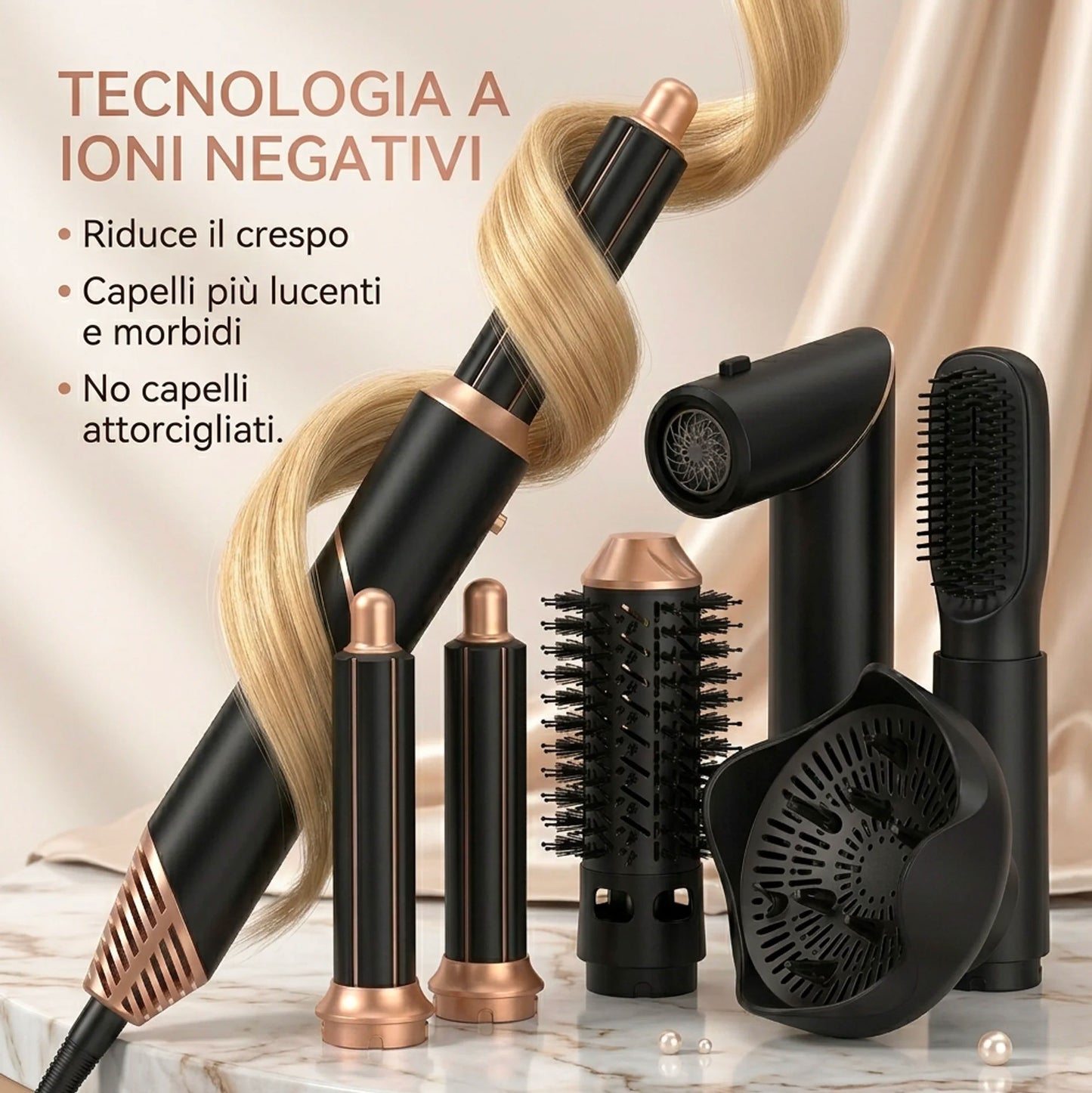 Asciugacapelli 6 in 1 Professionale con Accessori Intercambiabili – Spazzola Aria Calda, Ferro Arricciacapelli, Diffusore, Tecnologia Ionica