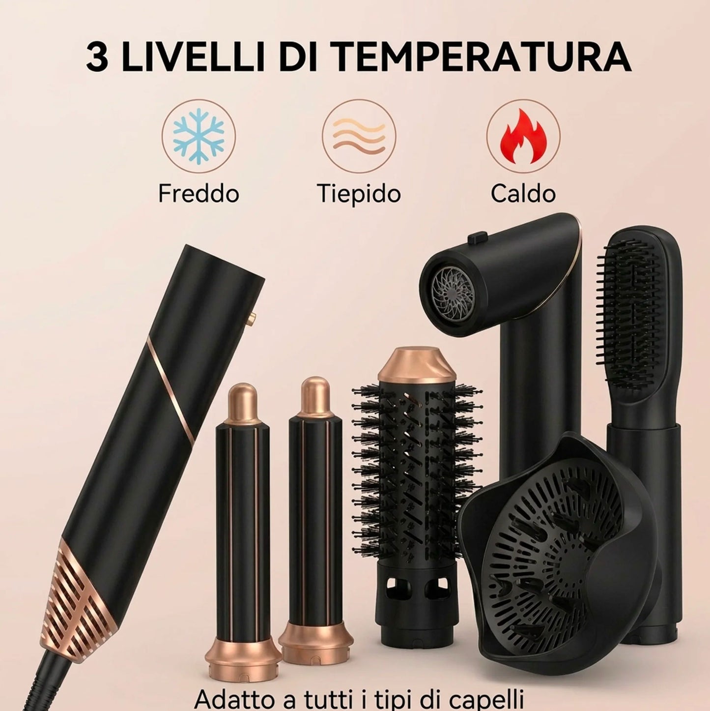 Asciugacapelli 6 in 1 Professionale con Accessori Intercambiabili – Spazzola Aria Calda, Ferro Arricciacapelli, Diffusore, Tecnologia Ionica