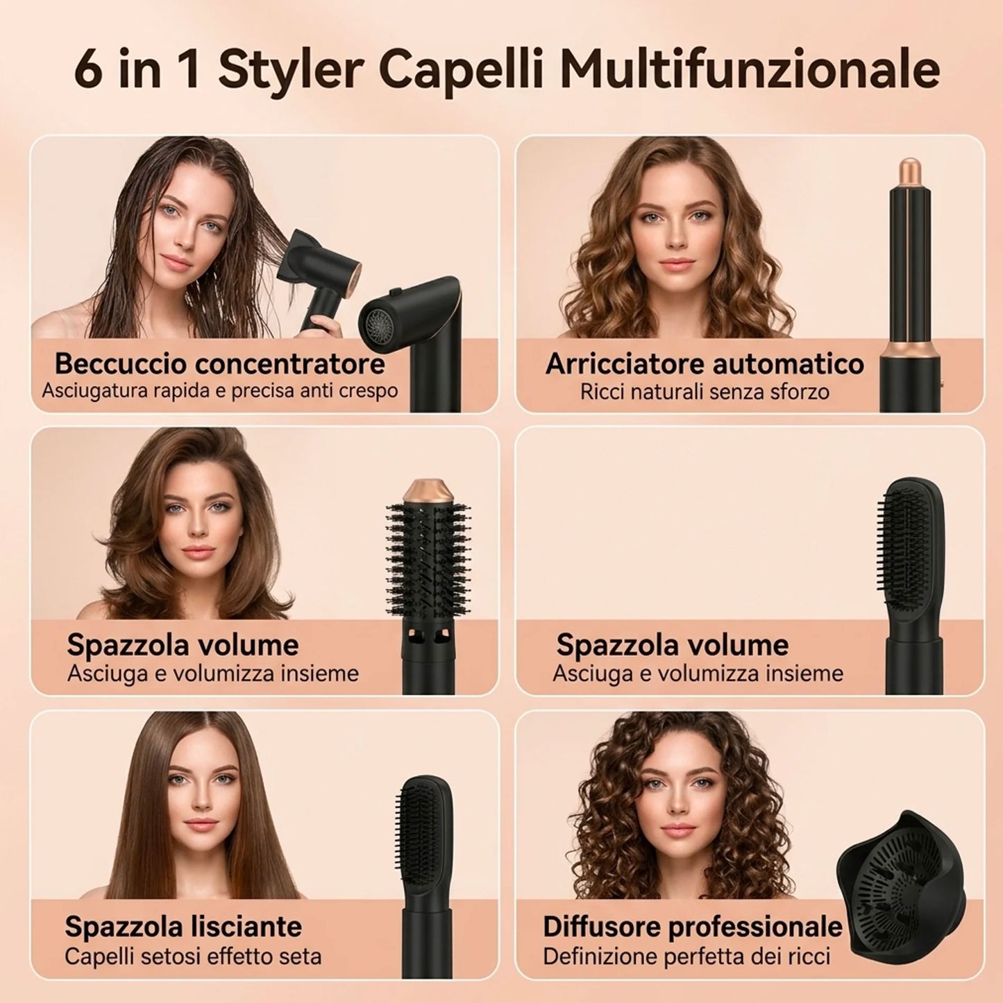 Asciugacapelli 6 in 1 Professionale con Accessori Intercambiabili – Spazzola Aria Calda, Ferro Arricciacapelli, Diffusore, Tecnologia Ionica