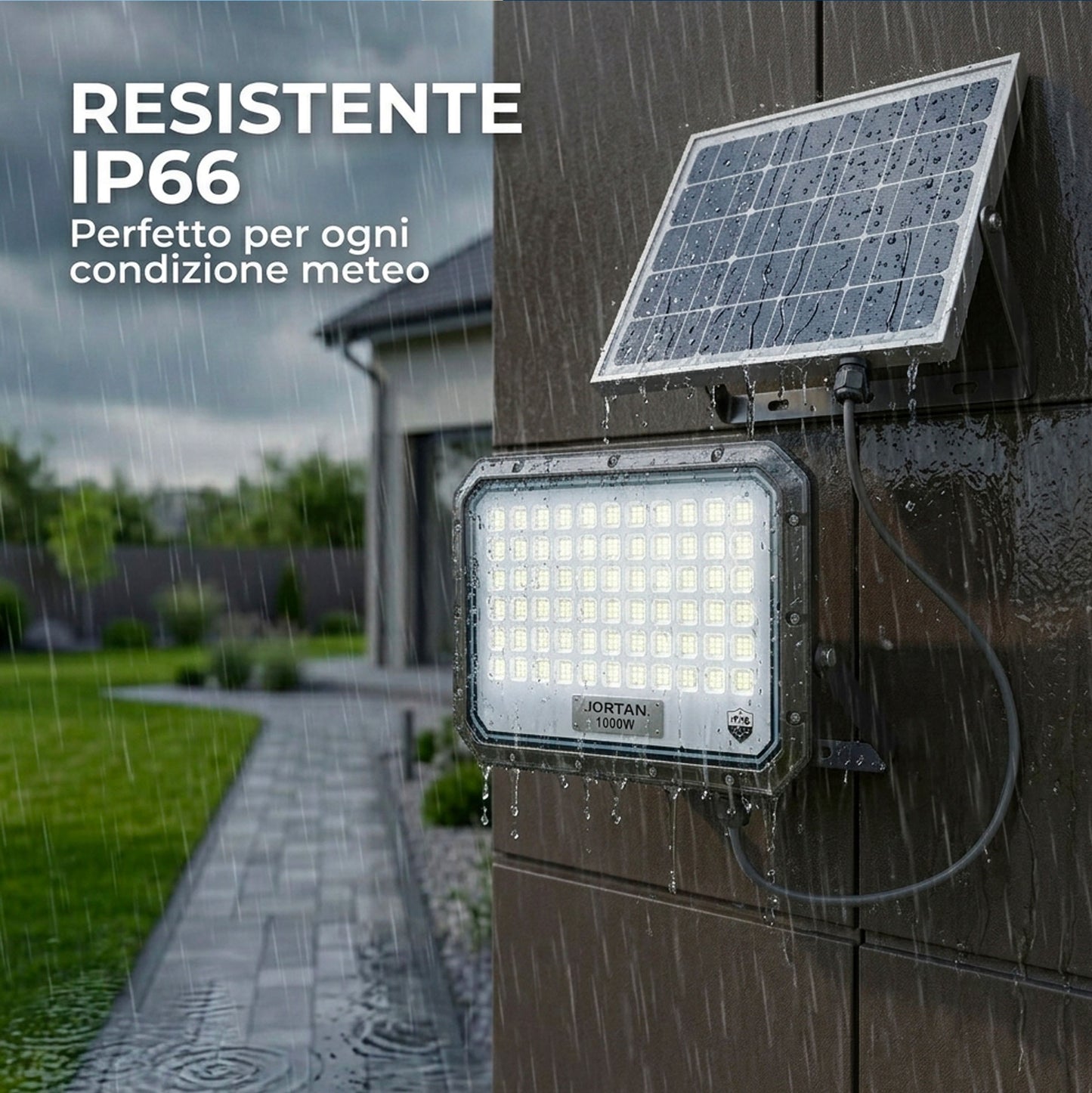 Faro Solare LED 1000W da Esterno con Pannello Fotovoltaico IP66 e Telecomando – Faretto Crepuscolare Automatico Alta Potenza per Giardino, Cortile, Parcheggio e Ingressi
