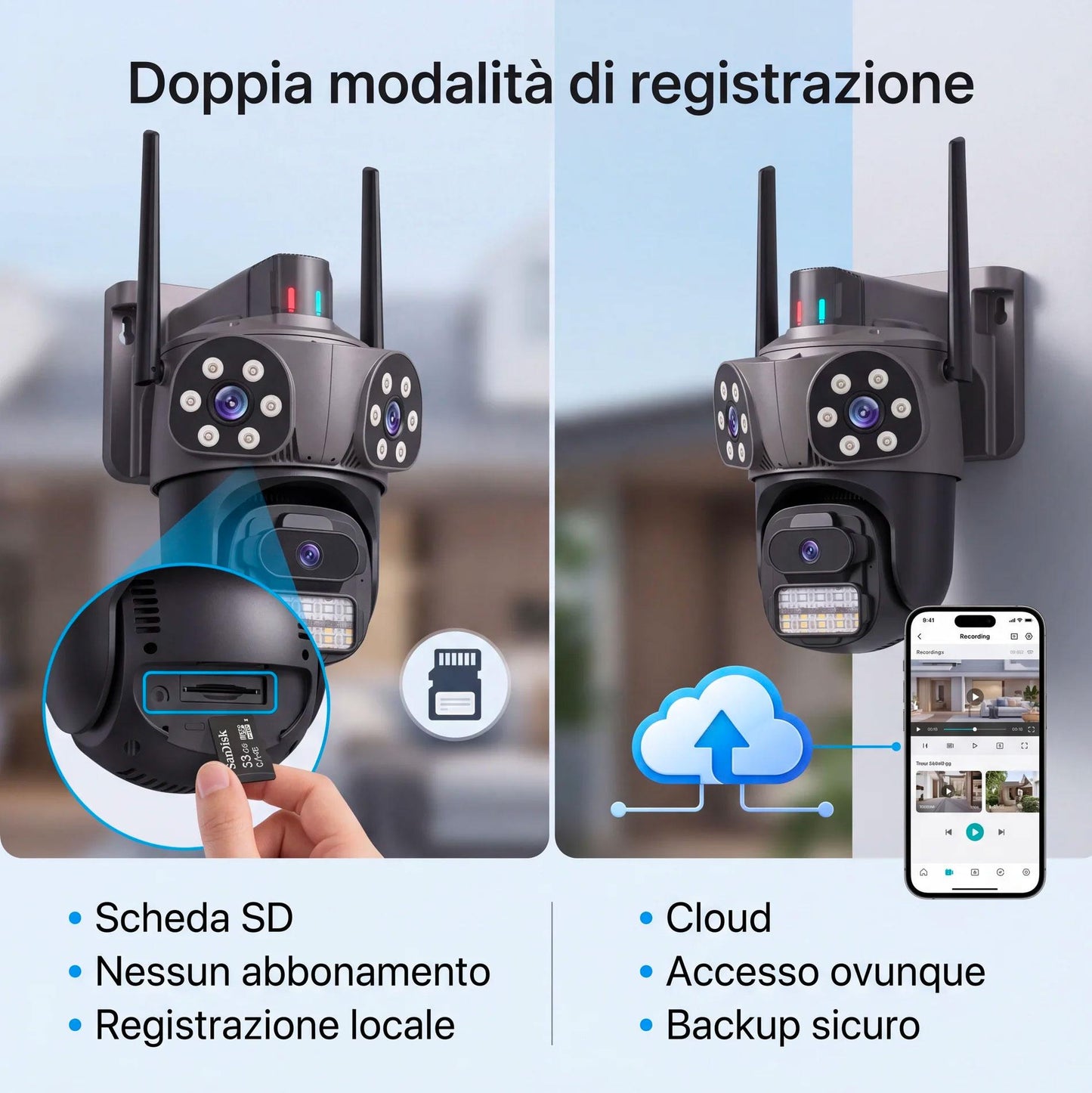 Telecamera WiFi Esterno con App iCSee, 360° Pan Tilt, Visione Notturna, Allarme Sirena e Controllo da Smartphone