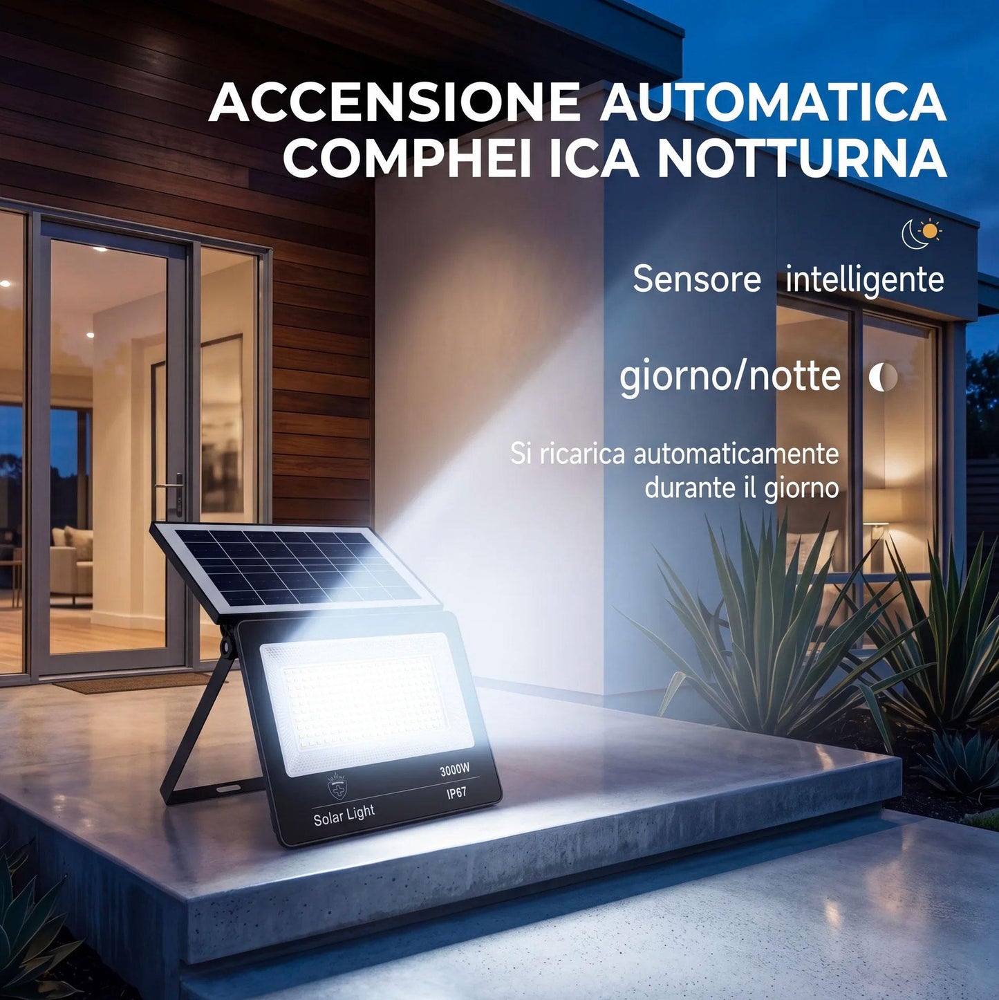 Faro LED Esterno Solare 3000W con Sensore Crepuscolare e Telecomando IP67