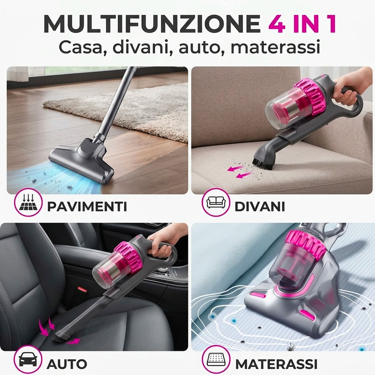Aspirapolvere Senza Fili 4 in 1 100W con Luce UV-C – Aspirazione 10000Pa, 3 Velocità, Filtro HEPA, Autonomia 45 Minuti