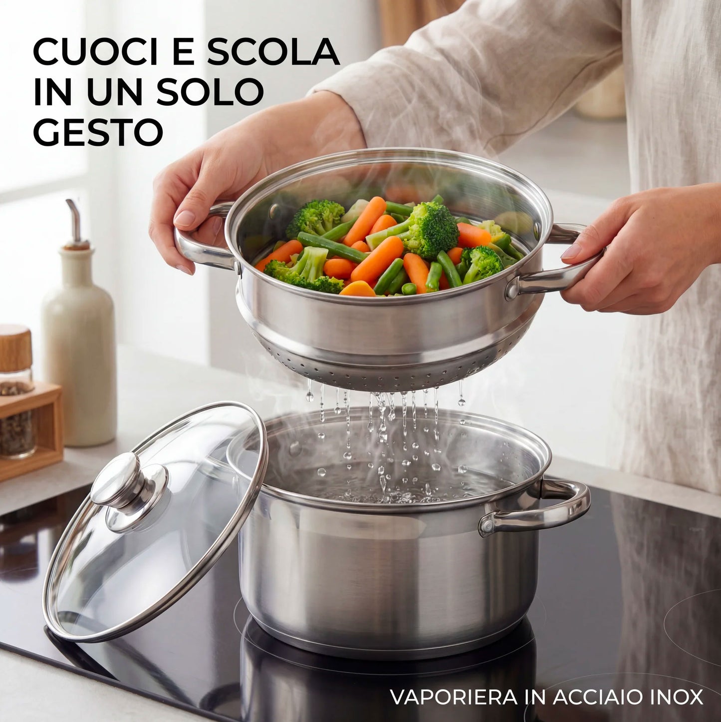 Pentola con Scolapasta Integrato e Coperchio 22 cm 6L Acciaio Inox 18/10 | Adatta Induzione | Pentola per Verdure Pasta e Cottura a Vapore