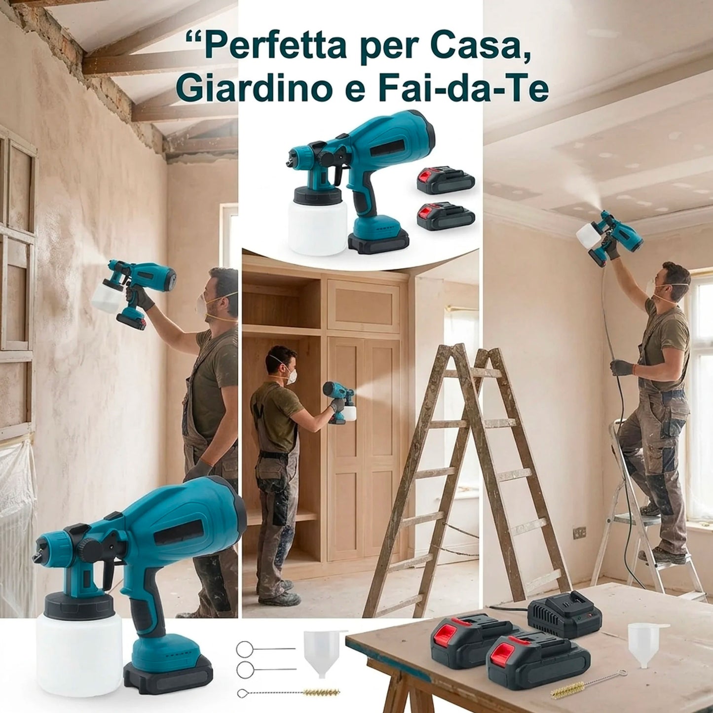 Verniciatrice Elettrica Wireless 48V 550W Professionale con Doppia Batteria – Pistola a Spruzzo per Vernice, Smalti e Protettivi con Serbatoio 800ml e Ugelli Intercambiabili