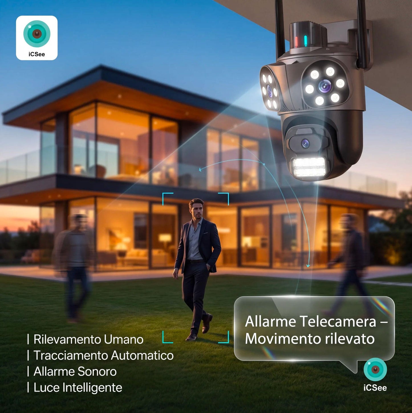 Telecamera WiFi Esterno con App iCSee, 360° Pan Tilt, Visione Notturna, Allarme Sirena e Controllo da Smartphone