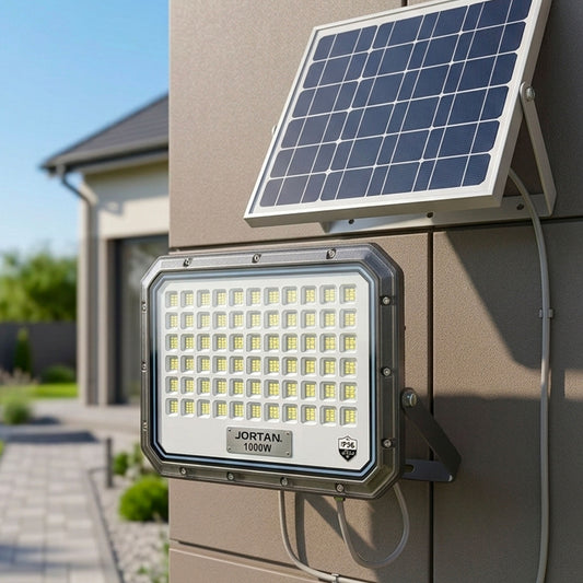 Faro Solare LED 1000W da Esterno con Pannello Fotovoltaico IP66 e Telecomando – Faretto Crepuscolare Automatico Alta Potenza per Giardino, Cortile, Parcheggio e Ingressi