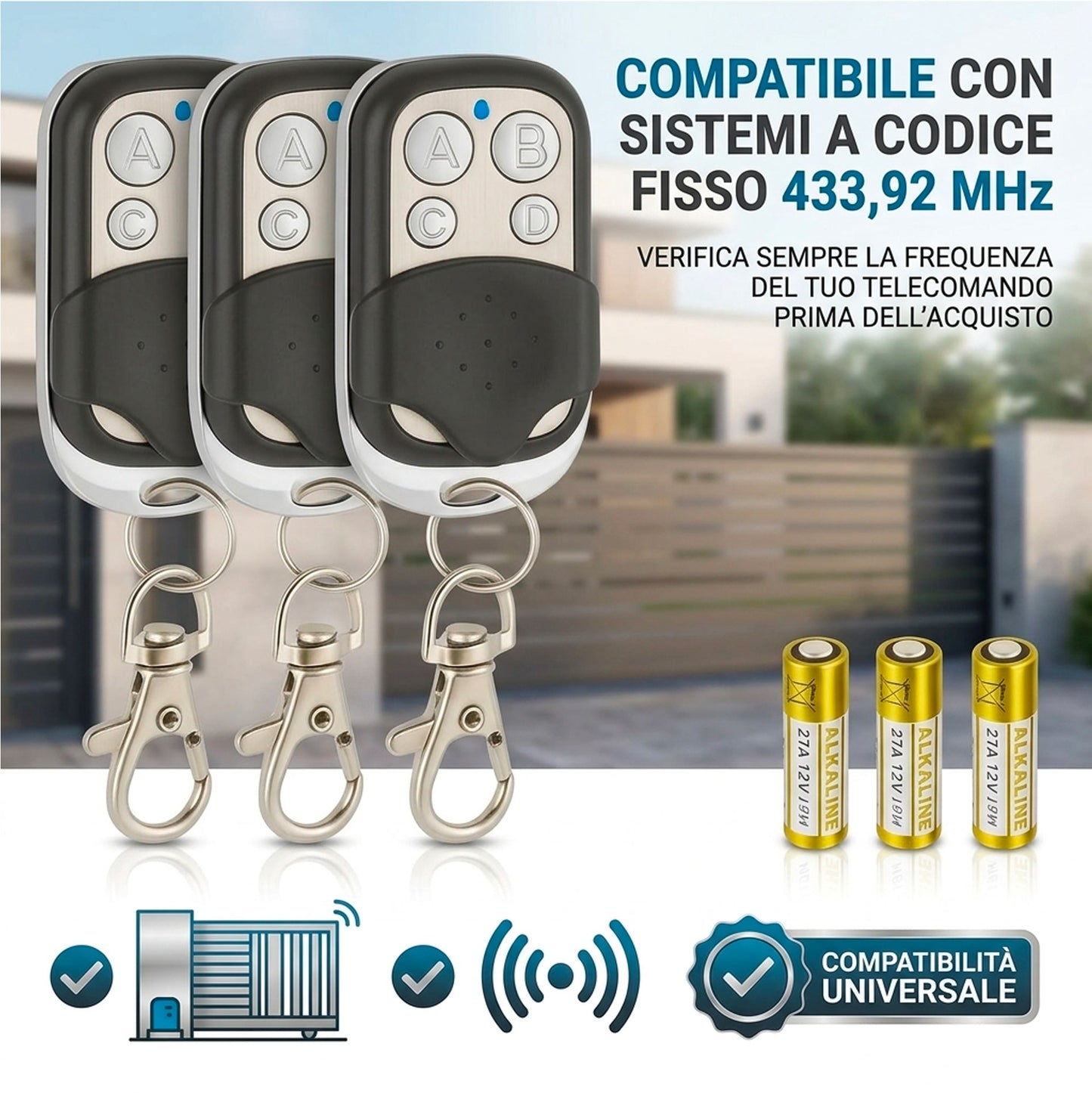 Telecomando Cancello Universale 433,92 MHz Codice Fisso Set 3 Copiatore Automatico Garage Porta Elettrica Apricancello con Copritasti e Moschettone