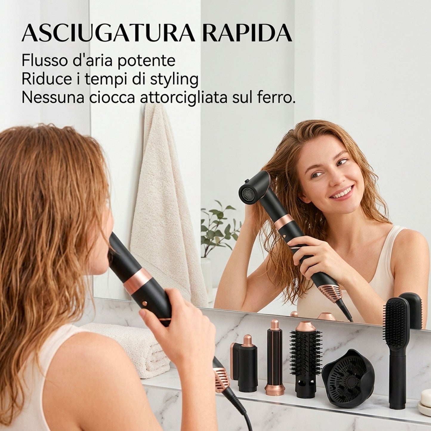 Asciugacapelli 6 in 1 Professionale con Accessori Intercambiabili – Spazzola Aria Calda, Ferro Arricciacapelli, Diffusore, Tecnologia Ionica