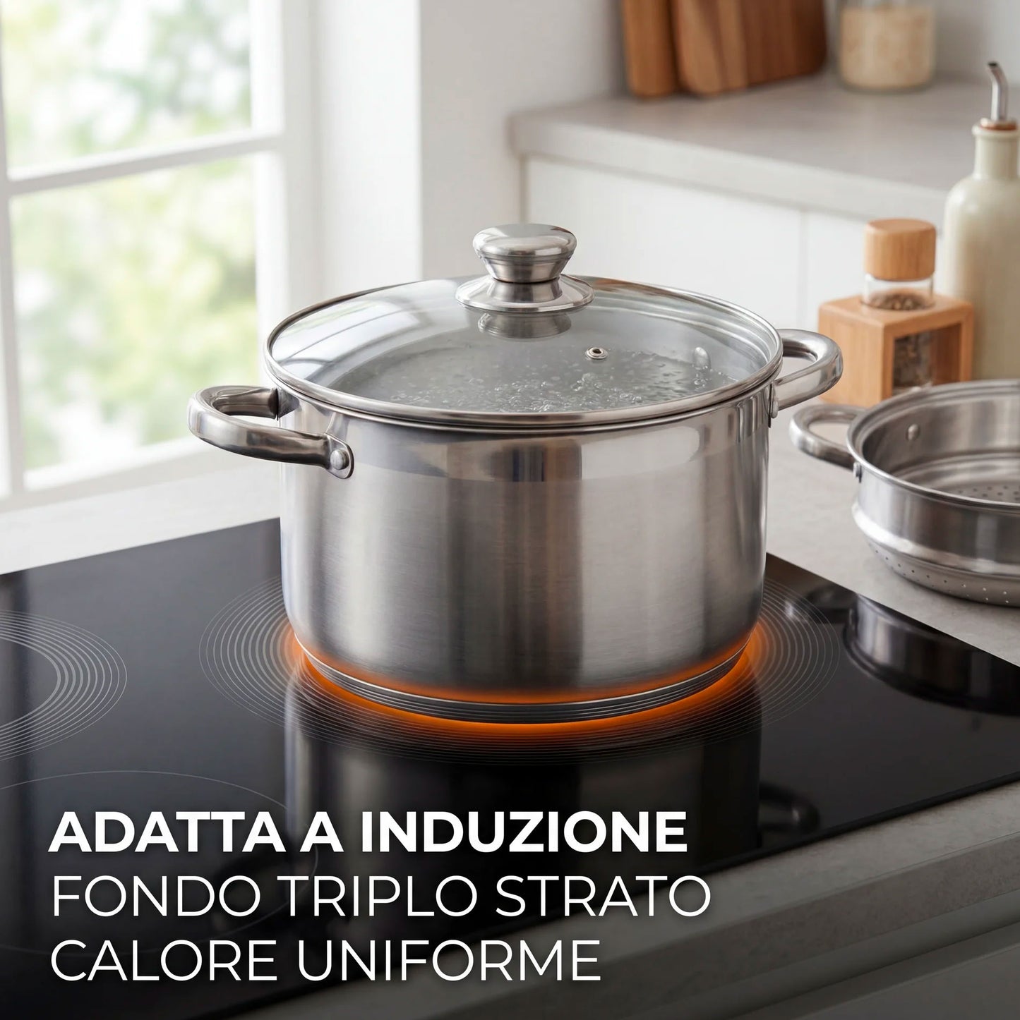 Pentola con Scolapasta Integrato e Coperchio 22 cm 6L Acciaio Inox 18/10 | Adatta Induzione | Pentola per Verdure Pasta e Cottura a Vapore