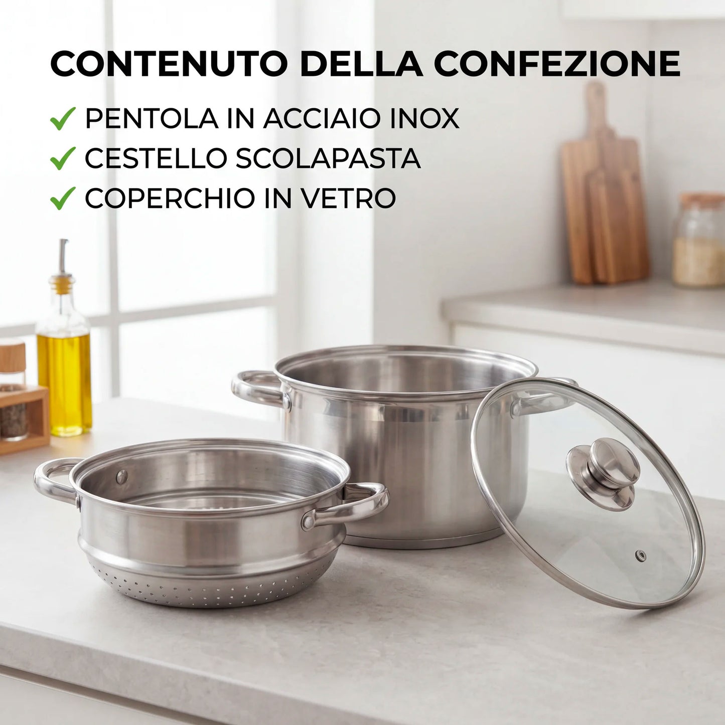 Pentola con Scolapasta Integrato e Coperchio 22 cm 6L Acciaio Inox 18/10 | Adatta Induzione | Pentola per Verdure Pasta e Cottura a Vapore