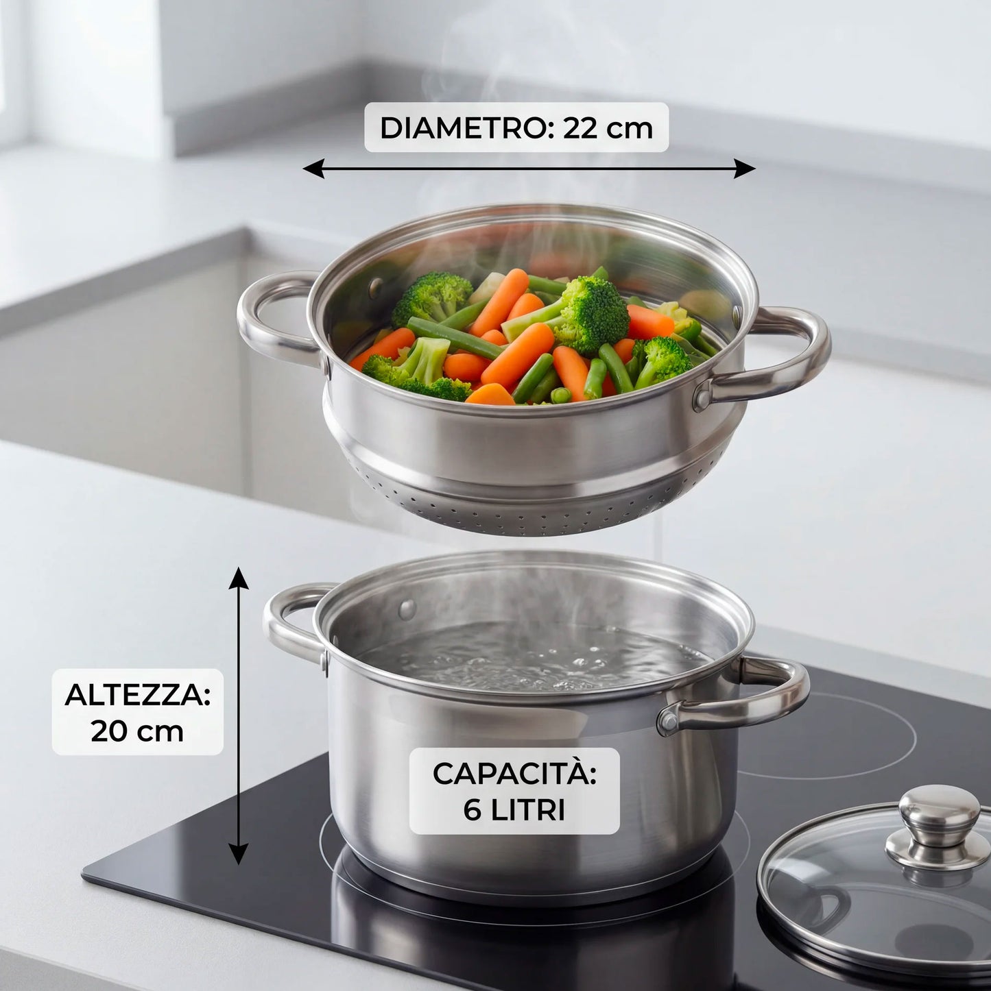 Pentola con Scolapasta Integrato e Coperchio 22 cm 6L Acciaio Inox 18/10 | Adatta Induzione | Pentola per Verdure Pasta e Cottura a Vapore